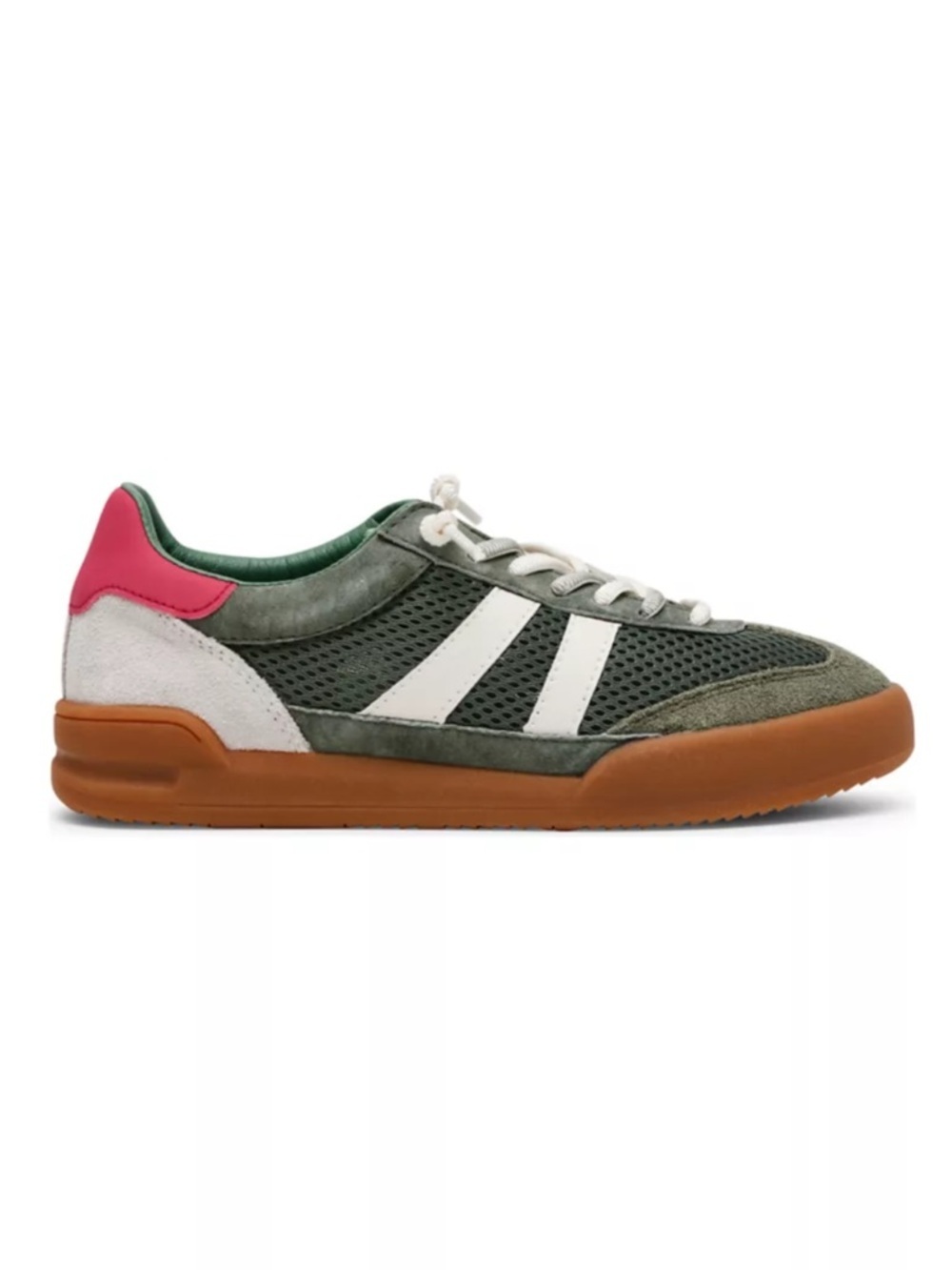 Steve Madden Olive Mesh & Suede Sneakers with Gum Sole and Pink Heel - Picture 1 of 10